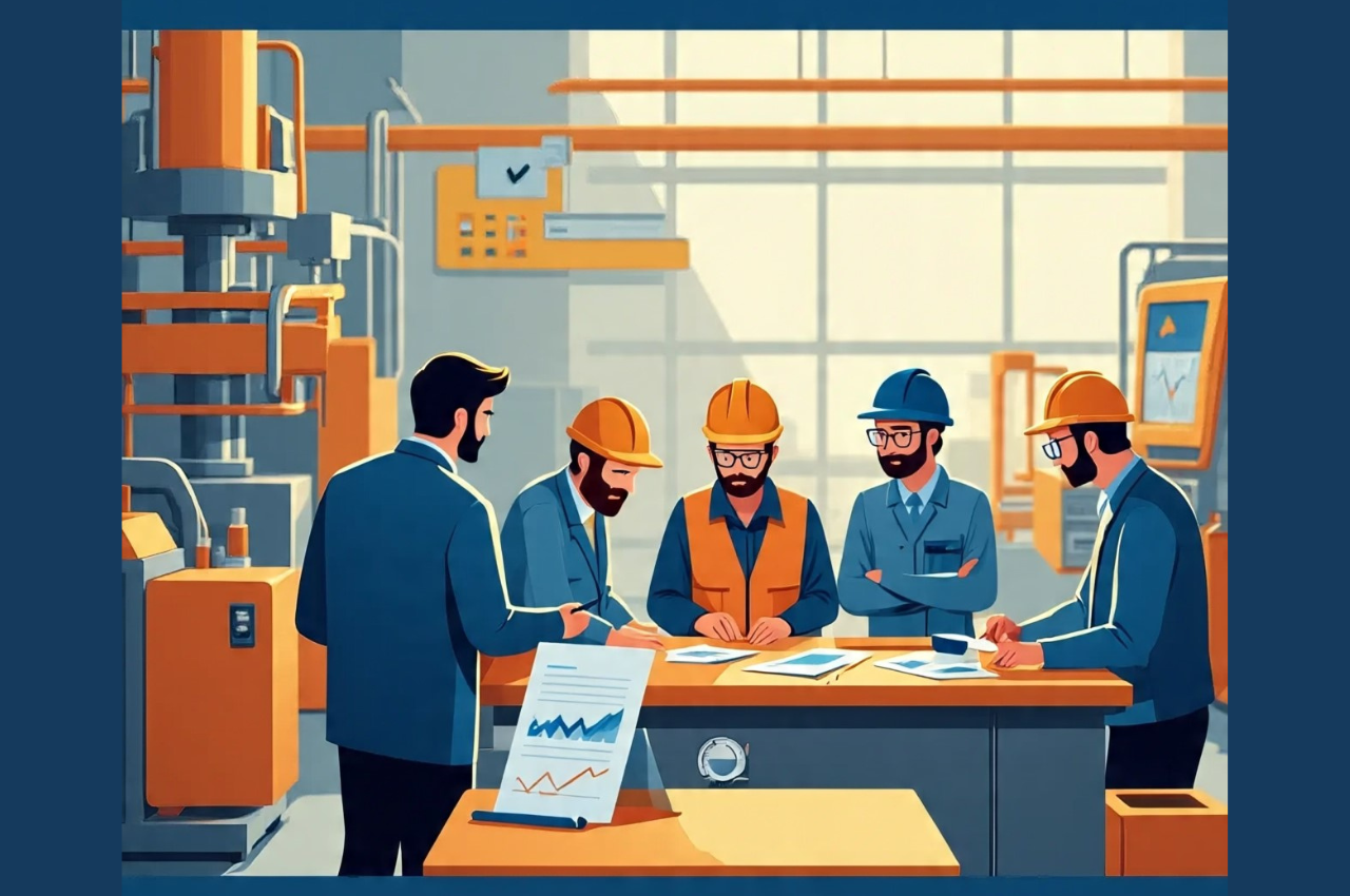Performance management team meeting in a factory.